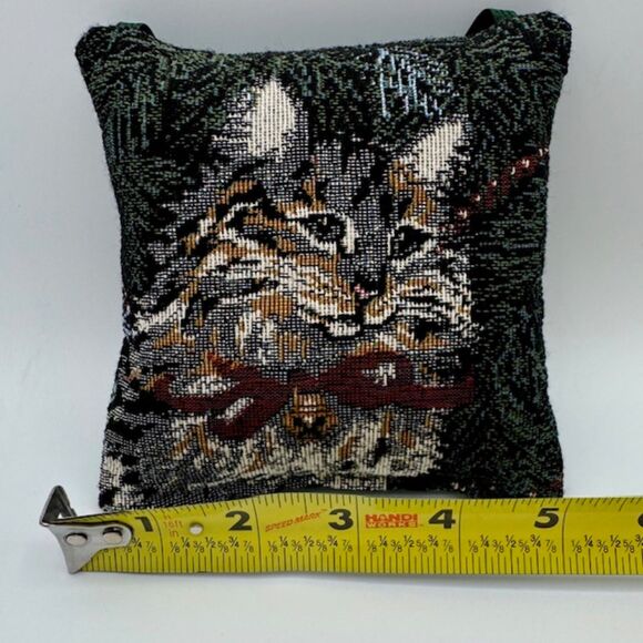 VTG Tapestry Cat Pillow Doorknob Hanging 5X5 Square Kitty Decor Green Christmas - Picture 5 of 6